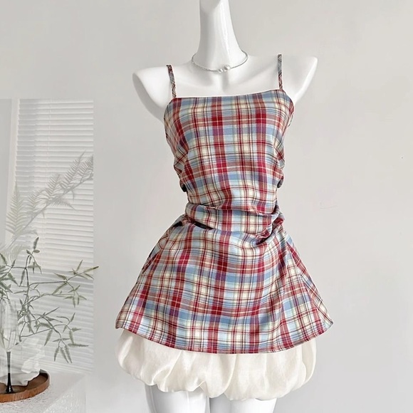 Dresses & Skirts - Chic Plaid Mini Dress with Spaghetti Straps